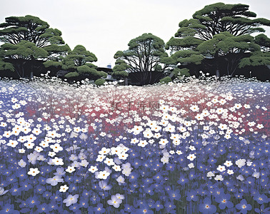 日本花背景图片_日本花田，中间有一棵树