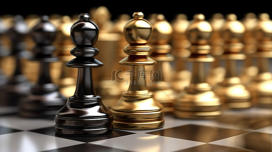 3d 插图金色君主耸立在黑色棋子阵列之上