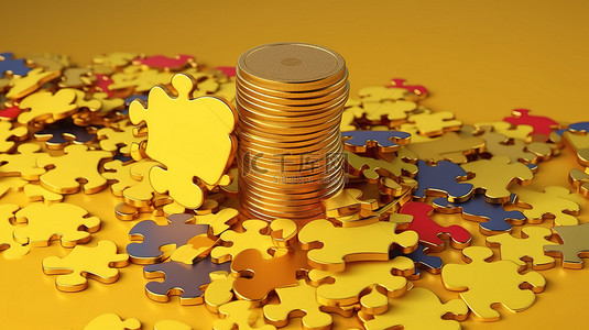 商业理念或财务成功概念黄色背景上的彩色拼图，带有 3D 金币堆栈和金钱问题解决方程渲染插图