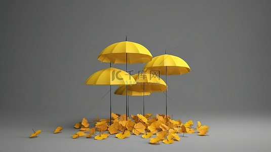 秋季符号在秋季颜色中飞扬黄色雨伞的 3D 渲染，灰色背景上带有复制空间