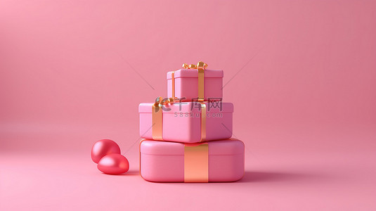粉红色礼盒的 3D 渲染，配有金丝带和心形，以粉红色背景为主题，以爱情为灵感的购物销售横幅