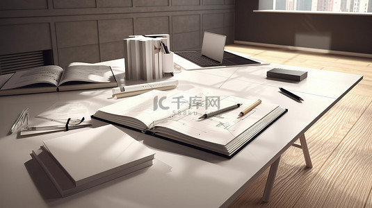 建筑师装饰师或设计师的 3D 桌面上的空白笔记本