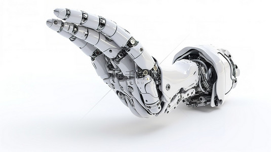 孤立的白色背景机器人手或机器人手在 3D 渲染中竖起大拇指