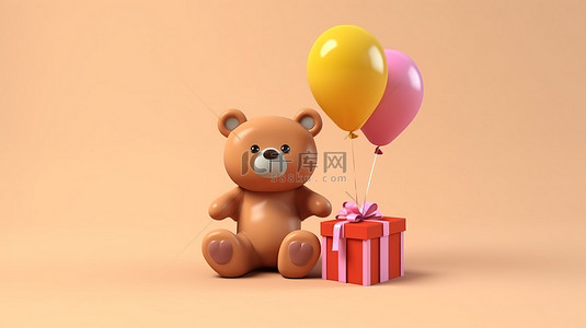 可爱的熊拿着气球和礼物的 3d 渲染