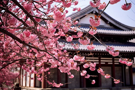 盛开的红梅背景图片_盛开的樱花树在一座古建筑前