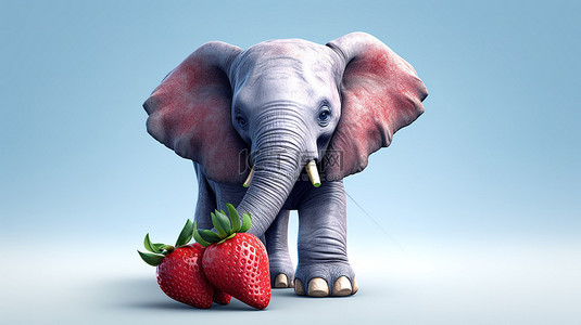 草莓插画背景图片_一只顽皮的 3D 大象拿着多汁的草莓