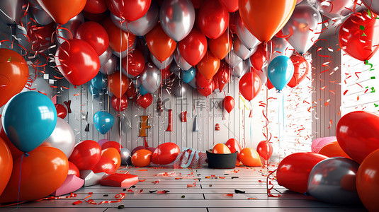 闪光气球背景图片_3D 插图气球和丝带新年快乐消息背景