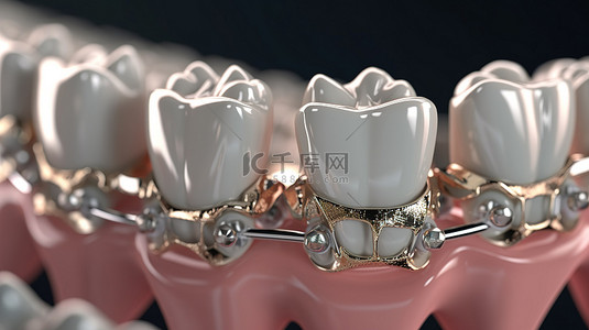 书法中括号背景图片_嵌入牙龈中的金属和陶瓷牙套 3d 渲染牙齿