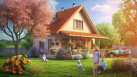家庭绿洲 3D 渲染的家庭和花园与孩子