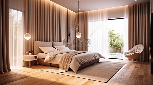 公寓或酒店室内设计中舒适的卧室和休闲空间的 3D 渲染