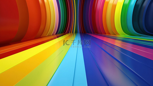3d 渲染的墙壁和地板上的彩虹条纹背景