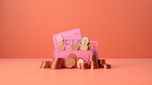 楼道堆放背景图片_在线支付革命无现金社会，信用卡钱包和硬币堆放在充满活力的粉红色背景 3D 渲染插图上