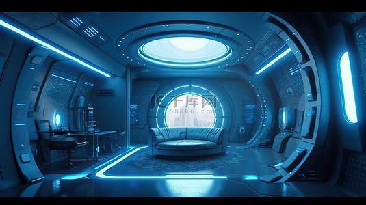 抽象科幻世界插画中的未来派蓝色点亮 3D 房间