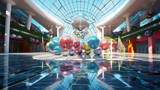 令人惊叹的玻璃屋顶大型购物中心，设有多层大厅和彩色玻璃石碑，配有装饰球 3D 渲染