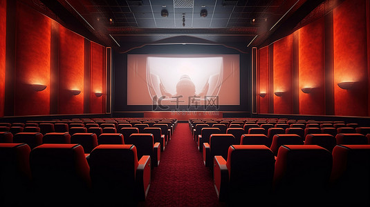 放映电影背景背景图片_空电影院中的 3D 渲染空白屏幕