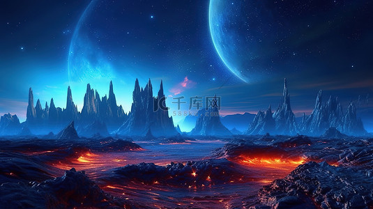 未来太空背景图片_超凡脱俗的景观未来派 3D 插图的外星行星与雄伟的蓝色能量流 ai 渲染