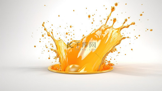 充满活力的橙汁飞溅单独站立在白色背景 3D 插图和渲染