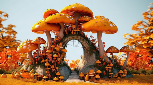 感恩节背景图片_感恩节讲台的 3D 渲染，配有快乐蘑菇南瓜橡子和秋树