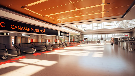机场或火车站国际到达区的 3D 渲染，带有“欢迎来到加拿大”招牌