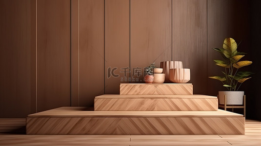 木制风格产品销售样机 3d 渲染讲台房间模型