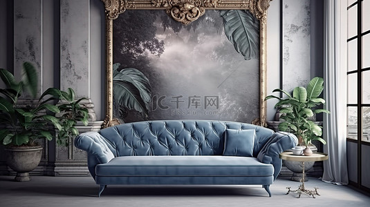 古典风格家具背景图片_古典风格内饰的 3D 渲染，配有蓝色沙发和植物，配有模拟海报