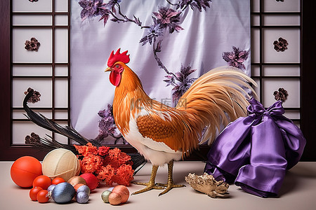 一把艾草背景图片_一只斜视的公鸡几个彩色的鸡蛋和一把大吊扇