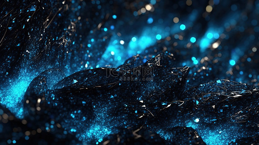 蓝色和黑色色调的闪闪发光的数字粒子的 3D 渲染抽象背景