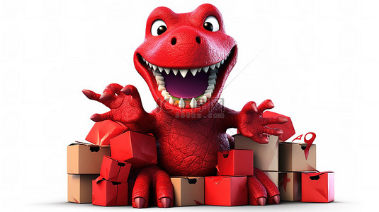 幽默的 3D 恐龙，红色，手里拿着滑稽的盒子
