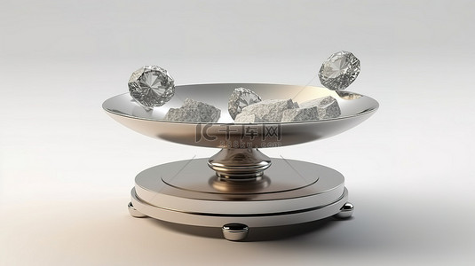 巨大的钻石和金钱在基本规模上与 3D 渲染的白色背景保持微妙的平衡