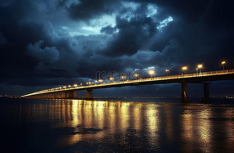 云层上方背景图片_夜晚，一座桥透过云层出现在水体上方