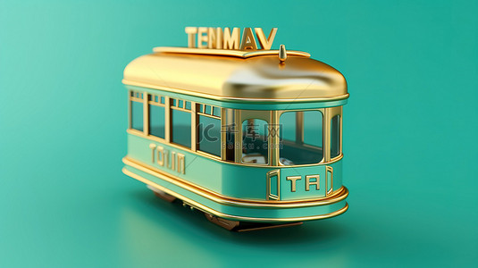 电车标志 3D 渲染的福图纳金电车符号在潮水绿色背景上