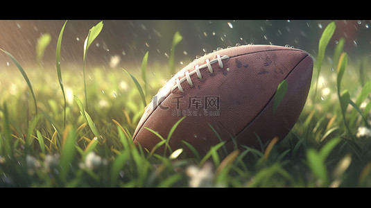 郁郁葱葱的绿色田野上美式足球的 3d 渲染