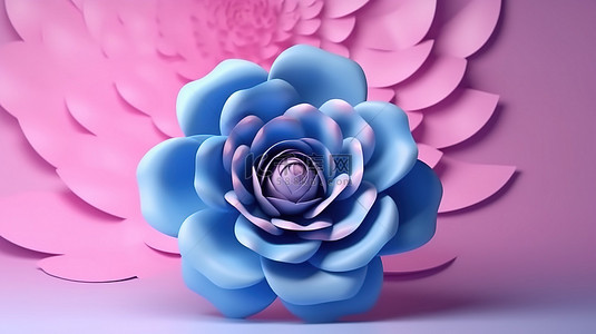 3D 渲染的蓝色问候卡，在中心顶部装饰着一系列不同大小的粉红色花朵