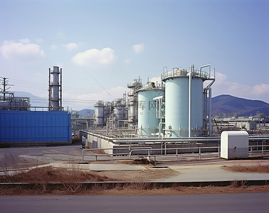 含一含背景图片_一座天然气厂，旁边有两根管道和含油的水