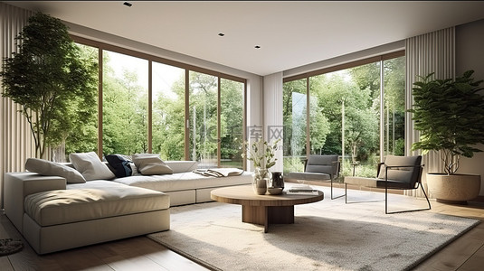 天花板客厅背景图片_3d 渲染一个舒适的客厅，享有宁静的庭院景观