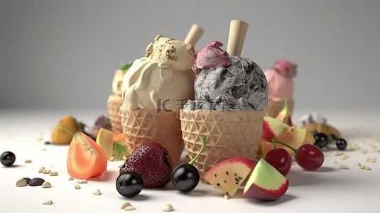 3d 渲染中的冰淇淋勺和饼干和水果