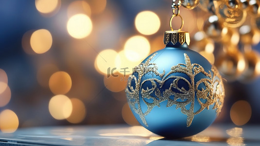 节日横幅背景的 3D 渲染，配有蓝色小玩意和节日装饰品，非常适合圣诞节或新年庆祝活动