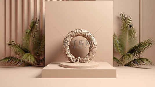 蛇纹石米色 3d 讲台，具有爬行动物纹理和圆形棕榈框架
