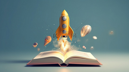 创新概念火箭灯泡和书在 3D 插图中飙升