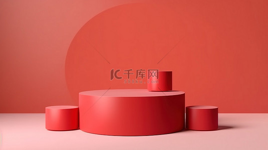 抽象 3D 产品展示平躺讲台，红色色调和背景台阶