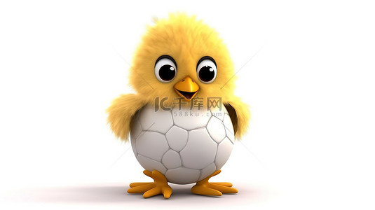 踢足球的小鸡的白色 3D 渲染