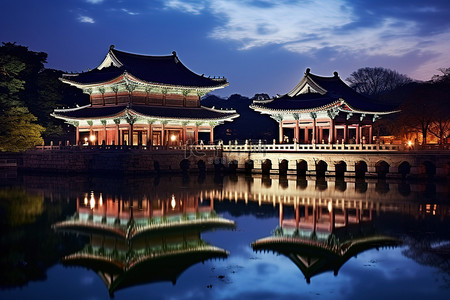 罗云熙新年背景图片_夜间水上的寺庙或宫殿