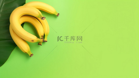 平躺式横幅中充满活力的黄色和绿色背景的香蕉的顶视图 3D 插图