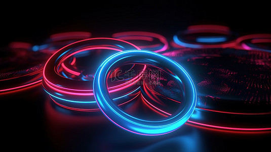 手拿荧光棒人群背景图片_蓝色和红色的抽象未来高科技背景霓虹灯圆圈 3d 渲染