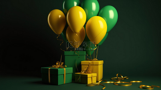 礼物绿色背景图片_3d 渲染的绿色和黄色气球和礼品盒