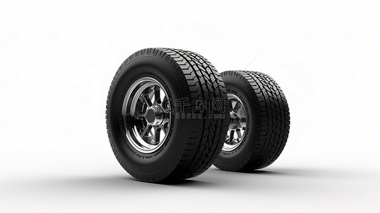 大型卡车车轮模型上两个轮胎的白色隔离 3D 渲染