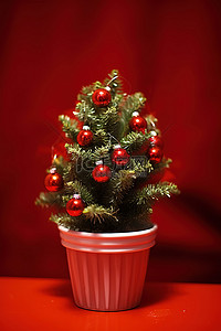 装饰小圣诞树背景图片_一棵小圣诞树在红色背景的锅里