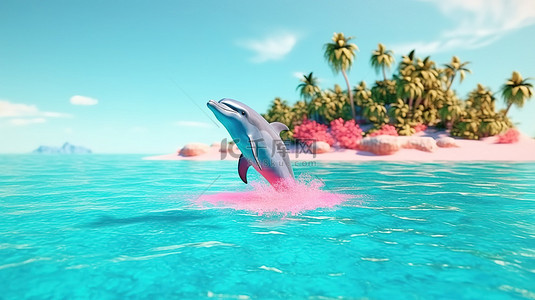3D 渲染的卡通海豚在粉红色的热带岛屿天堂水域中跳跃