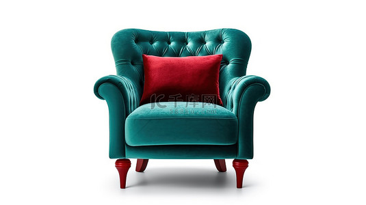 复古风格的翡翠扶手椅，配有深红色垫子，在白色背景上进行 3D 数字渲染