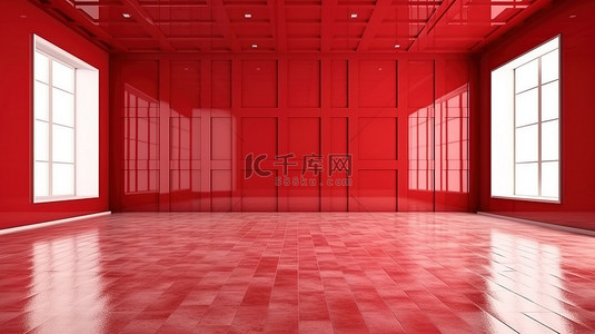 充满活力的红色墙壁和地板背景的 3D 渲染
